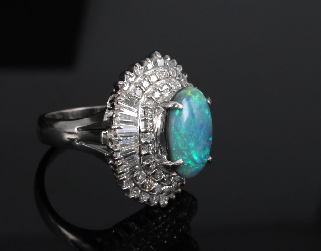 Rare 2.08ct Natural Black Opal & 2.28ct Diamond Platinum Ring, Size 5