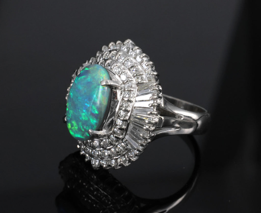 Rare 2.08ct Natural Black Opal & 2.28ct Diamond Platinum Ring, Size 5