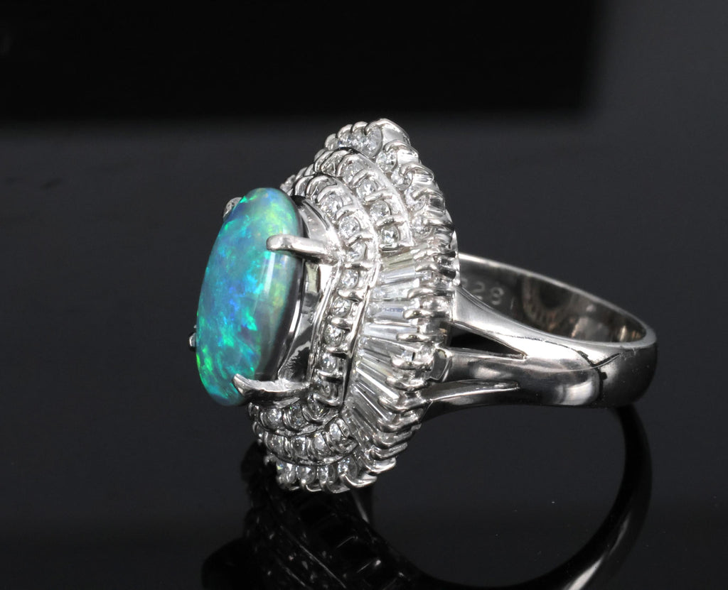 Rare 2.08ct Natural Black Opal & 2.28ct Diamond Platinum Ring, Size 5