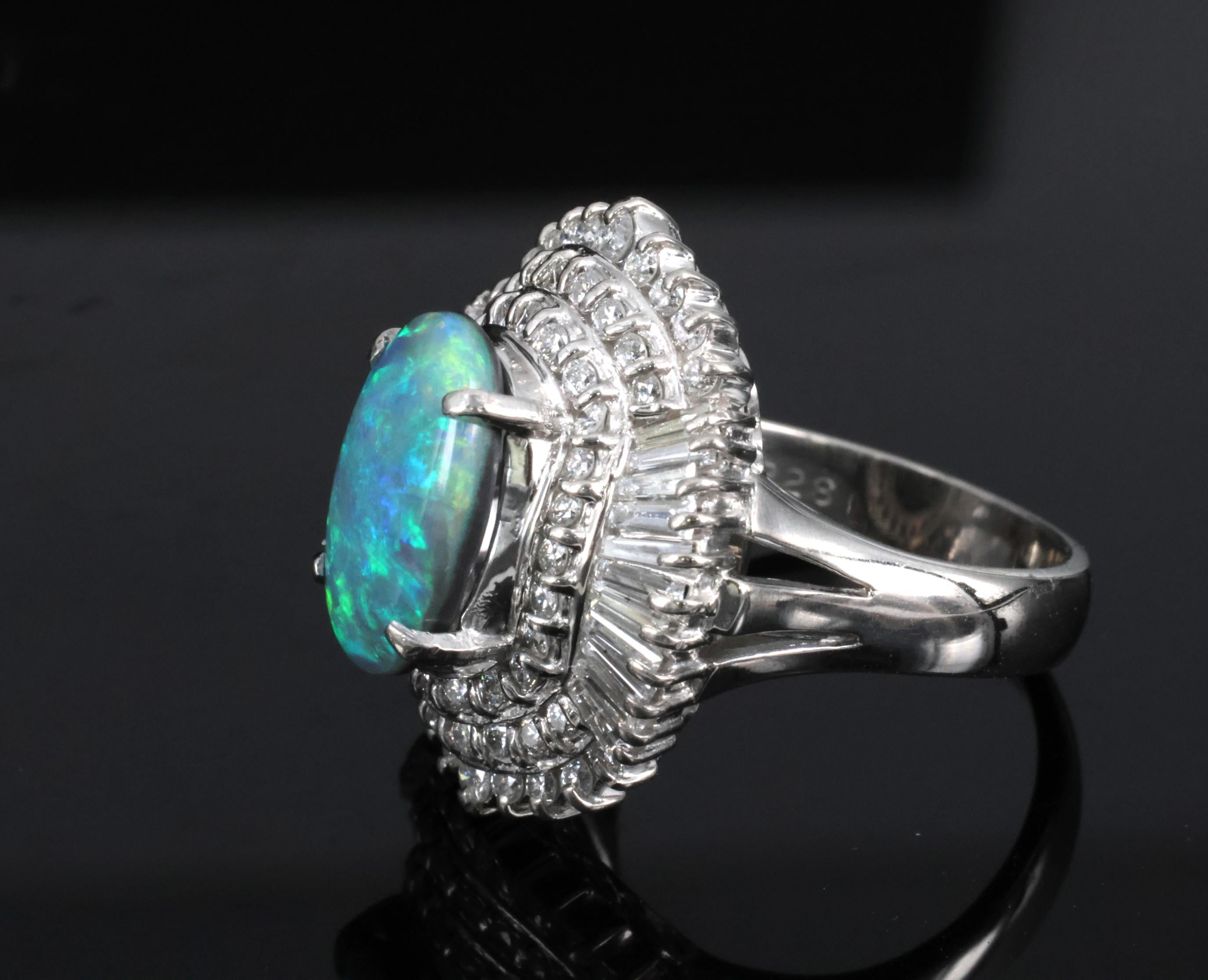 Rare 2.08ct Natural Black Opal & 2.28ct Diamond Platinum Ring, Size 5