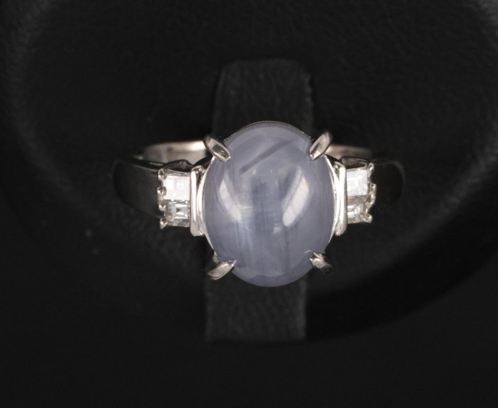 Fine 6.05ct Natural Star Sapphire& 0.15ct Diamond Platinum Ring, Size 6.75