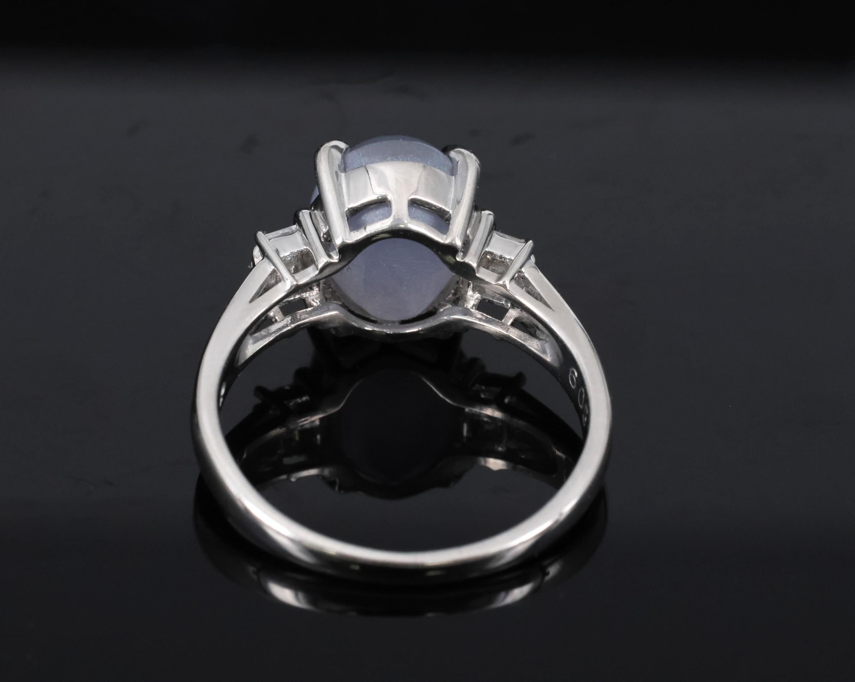 Fine 6.05ct Natural Star Sapphire& 0.15ct Diamond Platinum Ring, Size 6.75