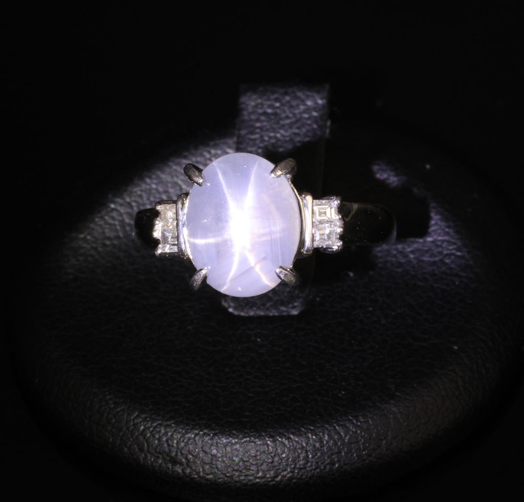 Fine 6.05ct Natural Star Sapphire& 0.15ct Diamond Platinum Ring, Size 6.75