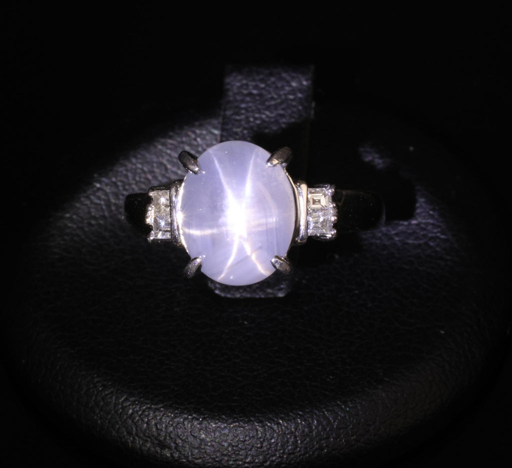 Fine 6.05ct Natural Star Sapphire& 0.15ct Diamond Platinum Ring, Size 6.75
