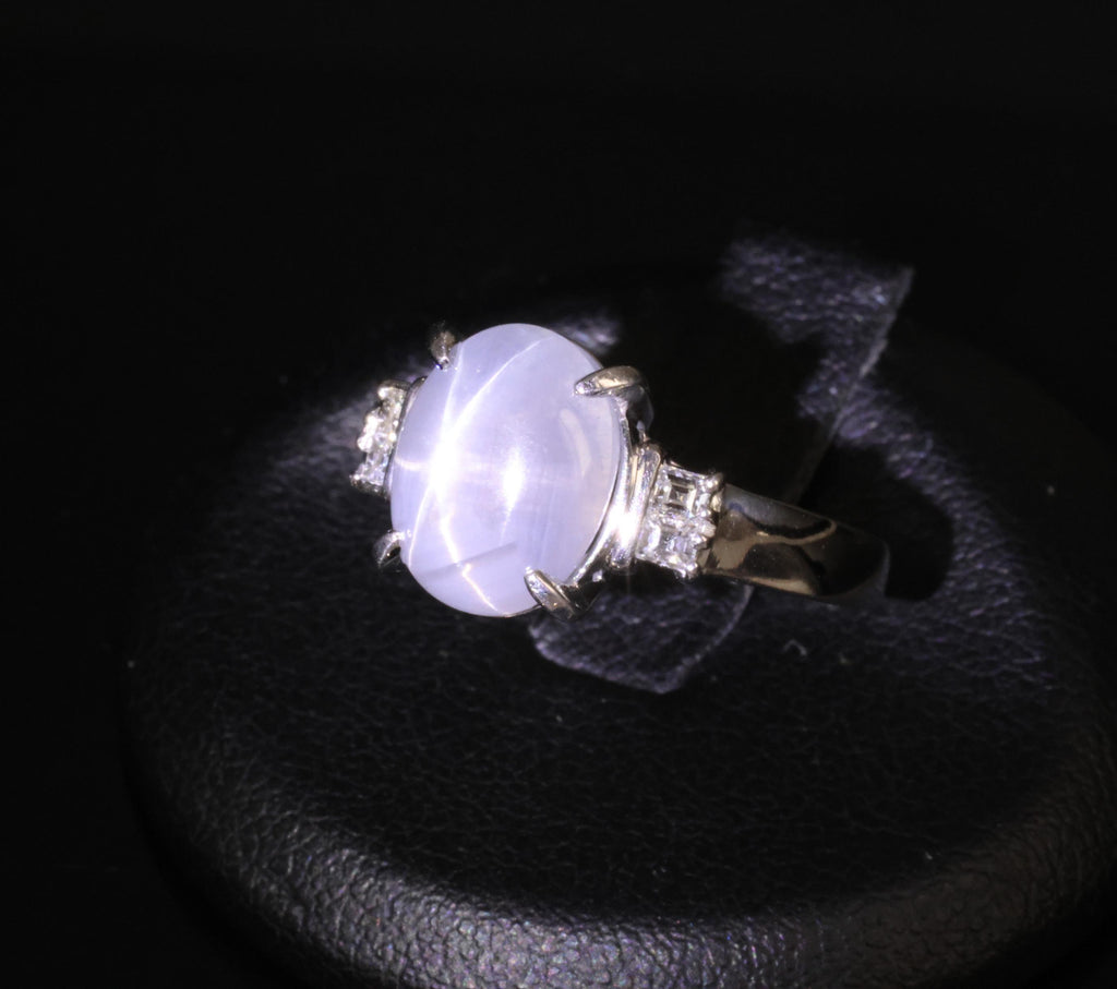 Fine 6.05ct Natural Star Sapphire& 0.15ct Diamond Platinum Ring, Size 6.75