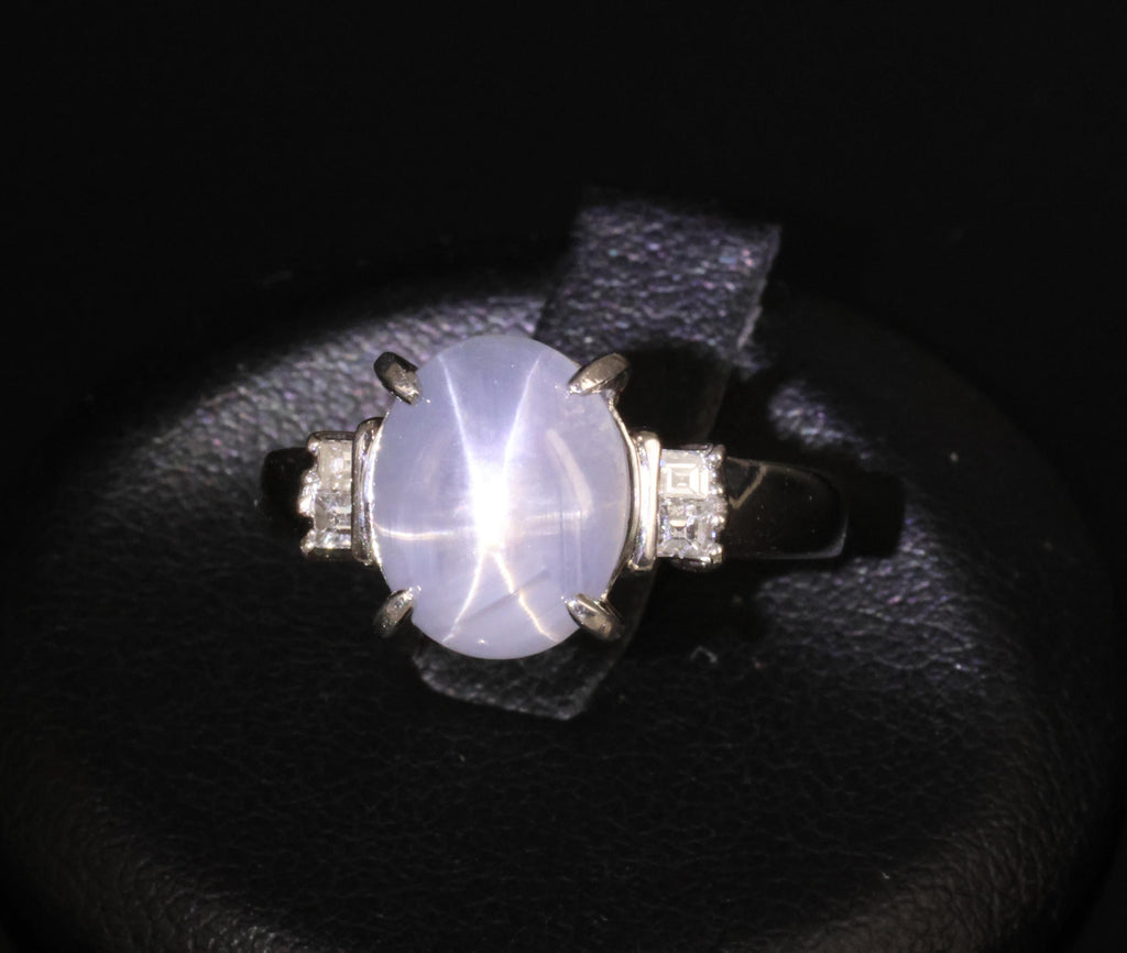 Fine 6.05ct Natural Star Sapphire& 0.15ct Diamond Platinum Ring, Size 6.75