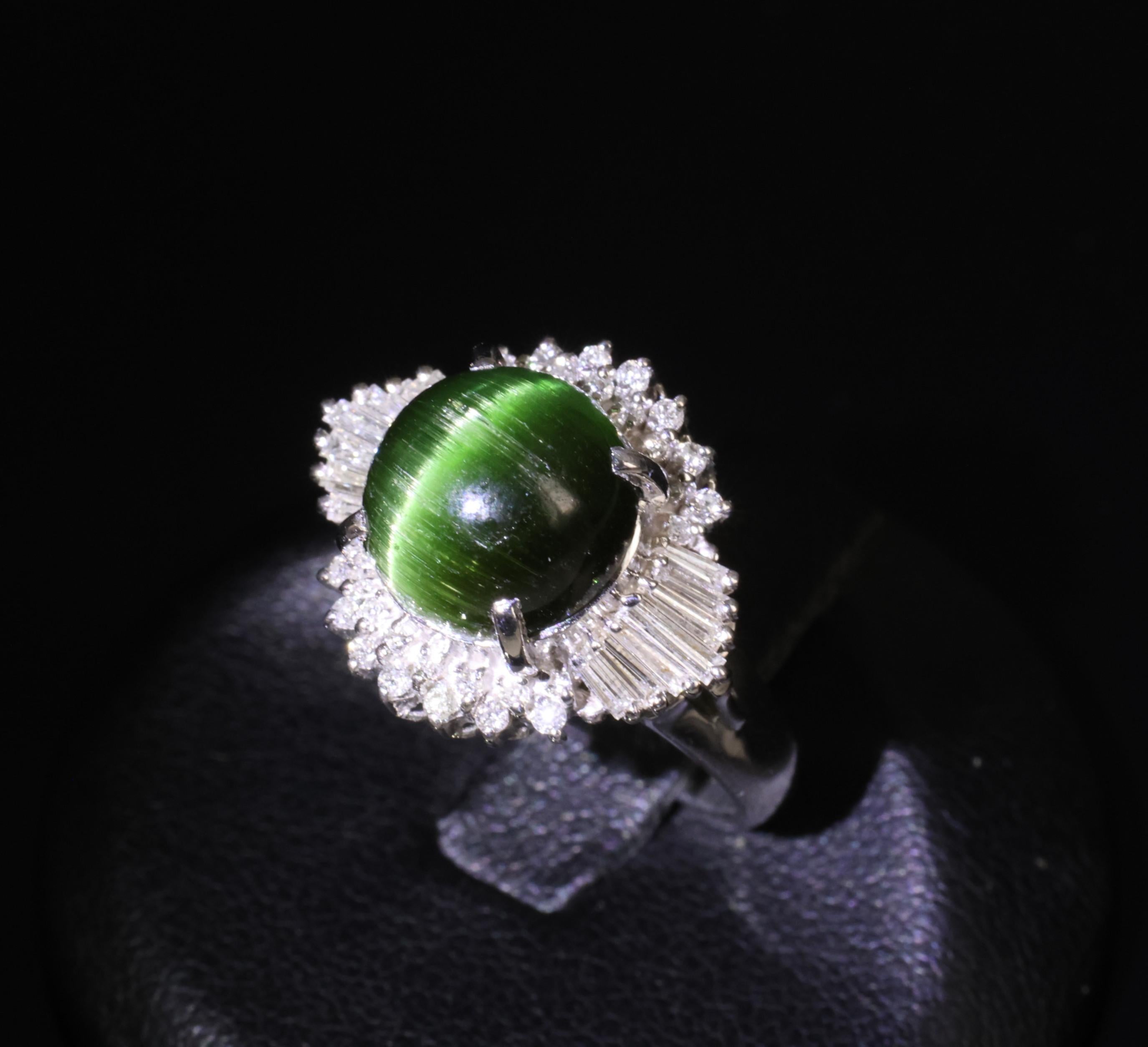 Vintage 4.02ct Cats Eye Green Tourmaline & 0.50ct Diamond Platinum Ring Size 5.5