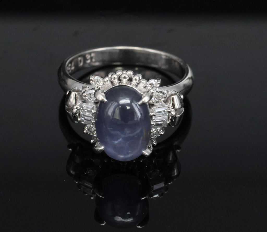 4.54ct Natural Purple Blue Star Sapphire 0.31ct Diamond Platinum Ring, Size 6.25