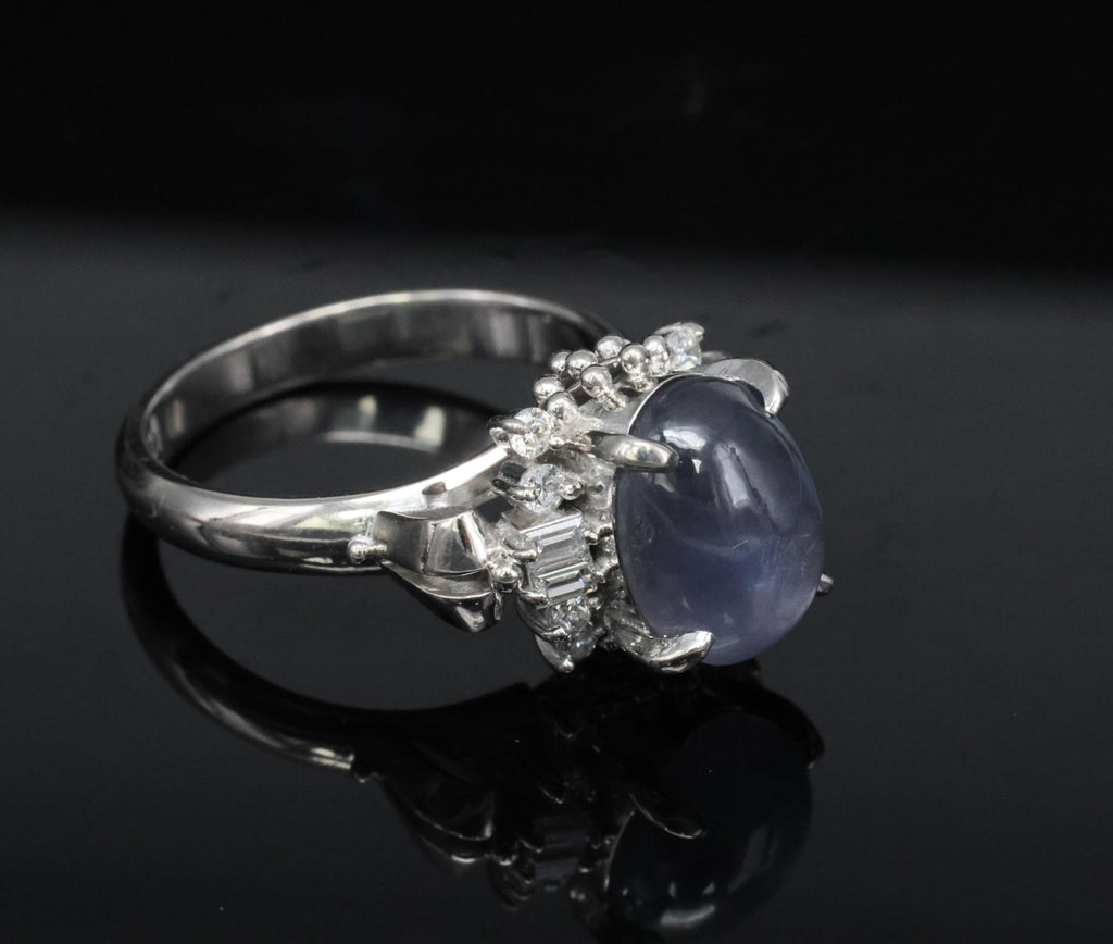 4.54ct Natural Purple Blue Star Sapphire 0.31ct Diamond Platinum Ring, Size 6.25