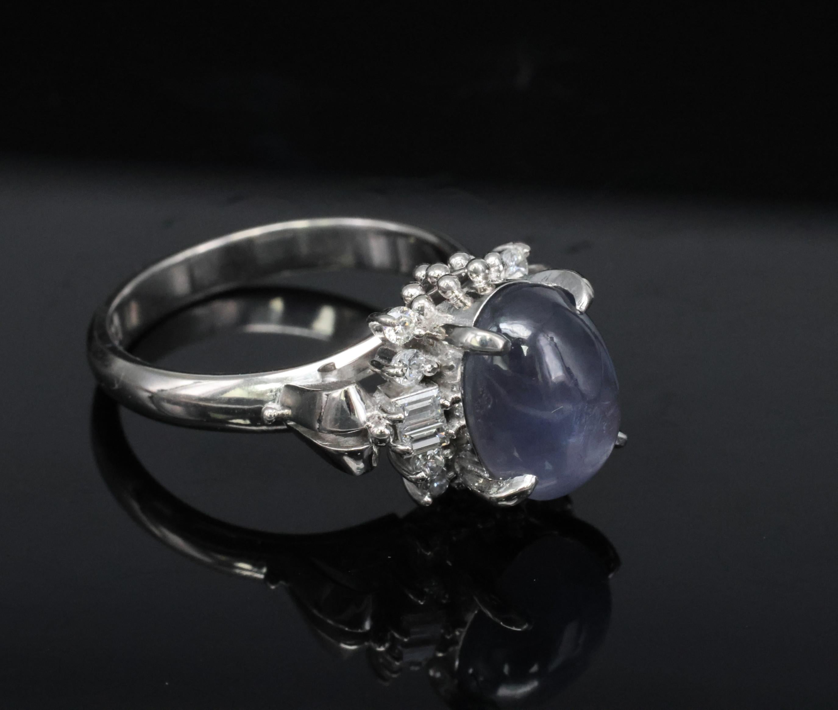 4.54ct Natural Purple Blue Star Sapphire 0.31ct Diamond Platinum Ring, Size 6.25