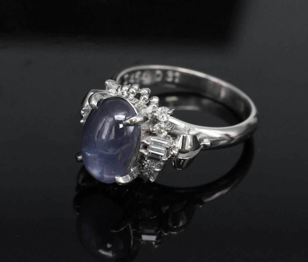 4.54ct Natural Purple Blue Star Sapphire 0.31ct Diamond Platinum Ring, Size 6.25