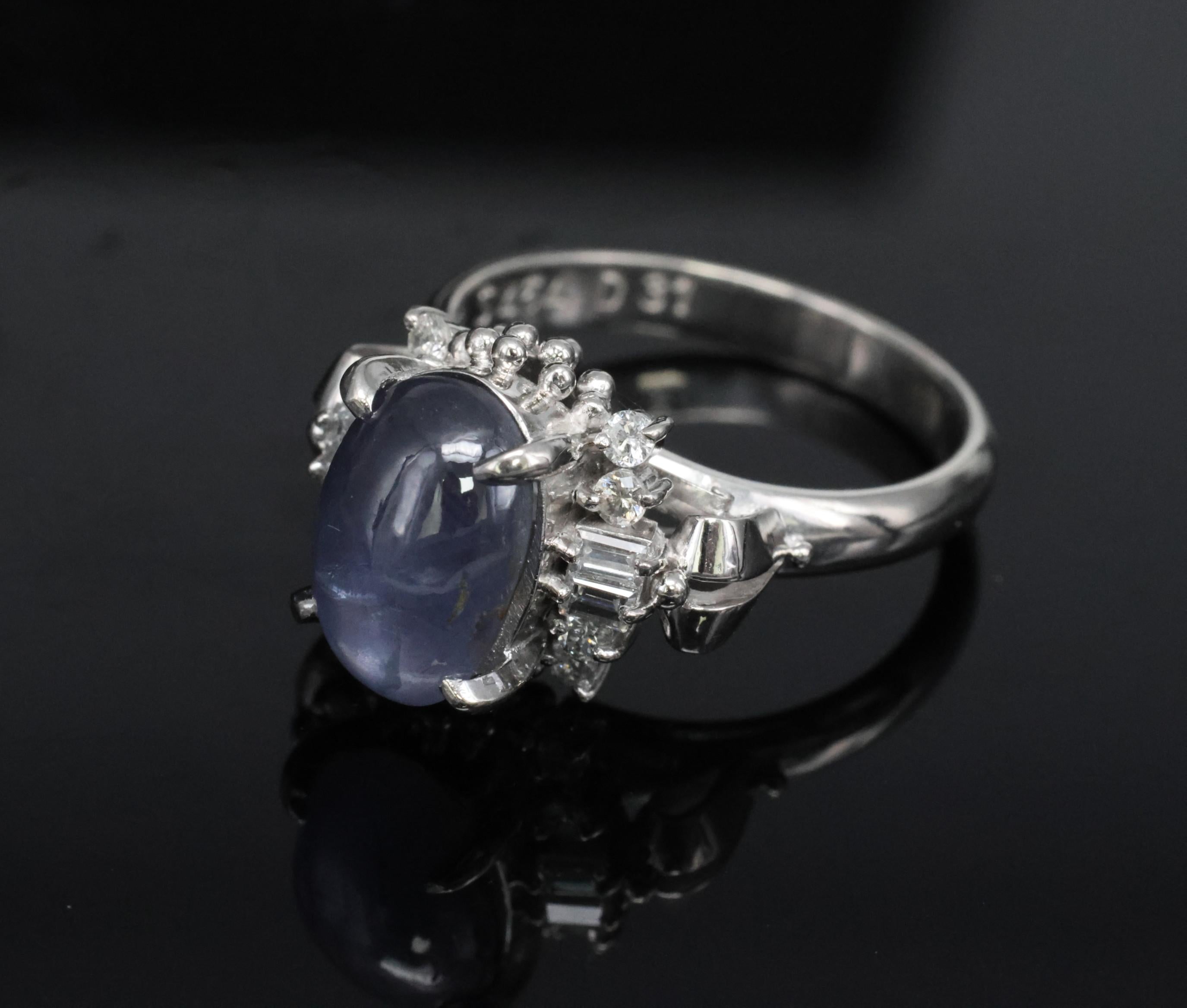 4.54ct Natural Purple Blue Star Sapphire 0.31ct Diamond Platinum Ring, Size 6.25