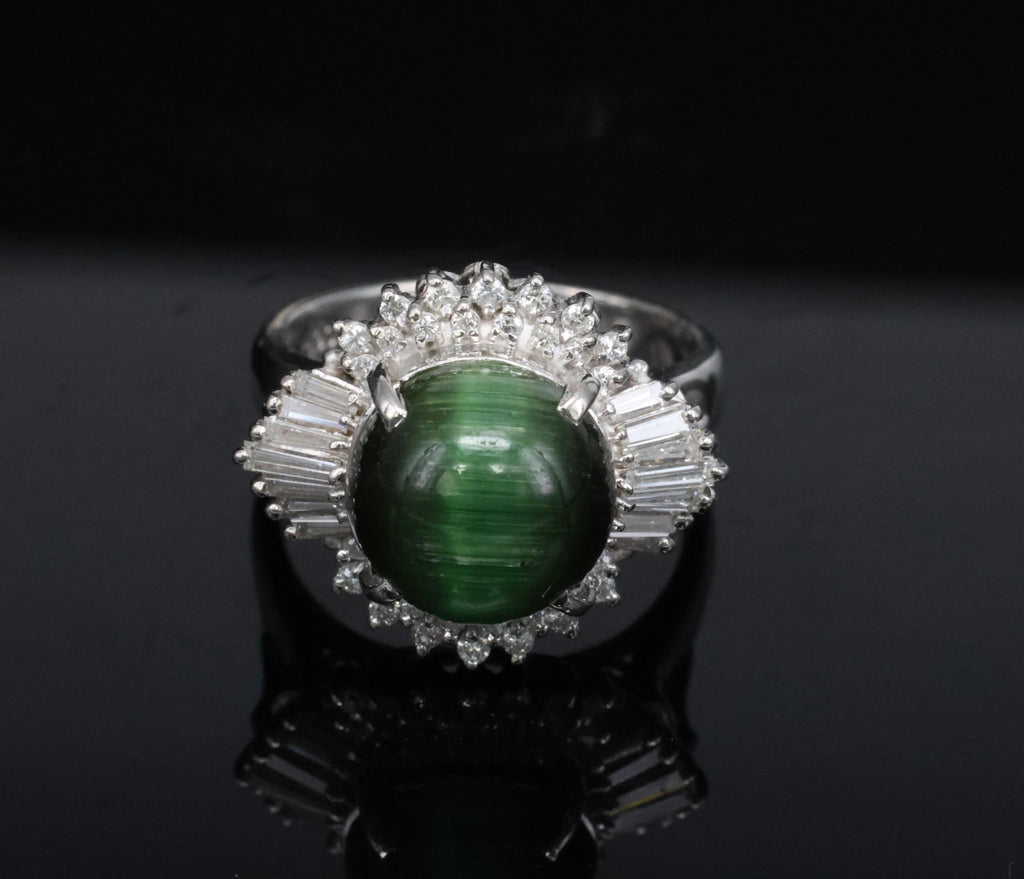 Vintage 4.02ct Cats Eye Green Tourmaline & 0.50ct Diamond Platinum Ring Size 5.5