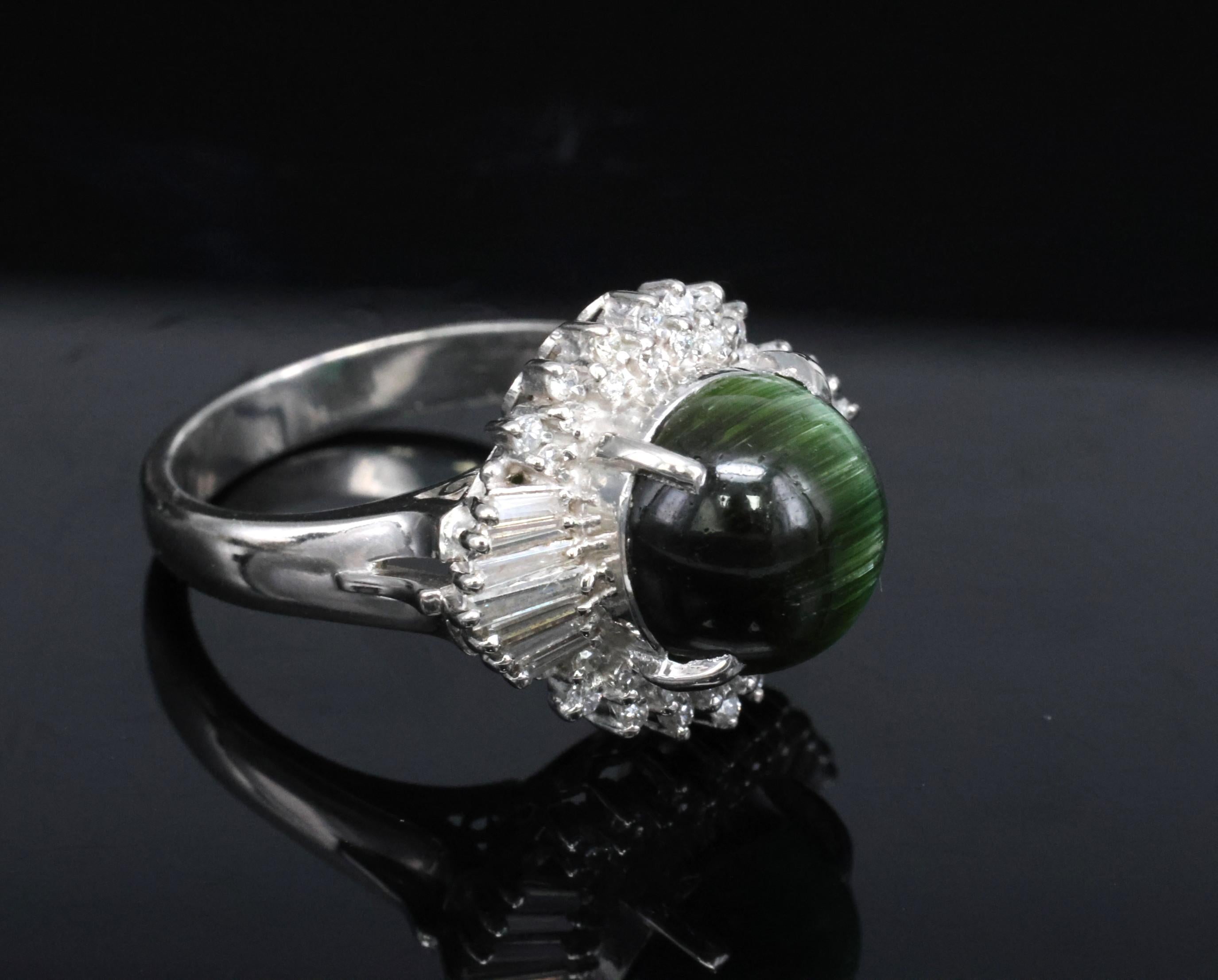 Vintage 4.02ct Cats Eye Green Tourmaline & 0.50ct Diamond Platinum Ring Size 5.5