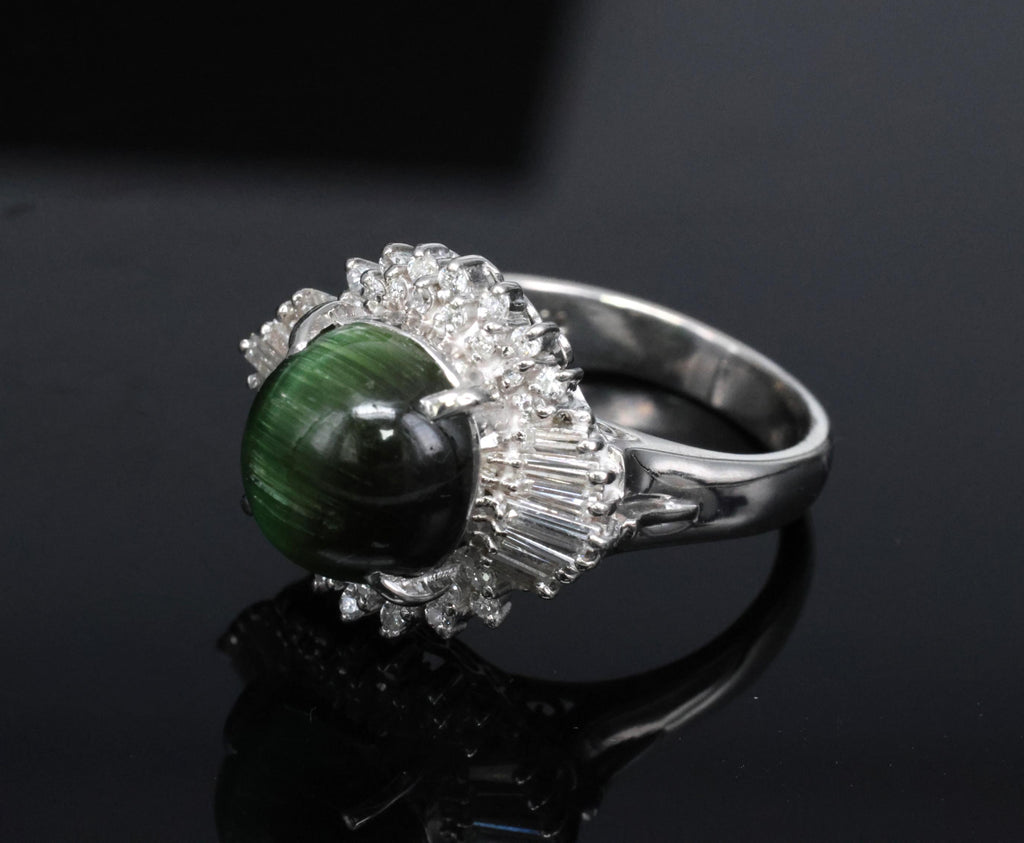 Vintage 4.02ct Cats Eye Green Tourmaline & 0.50ct Diamond Platinum Ring Size 5.5