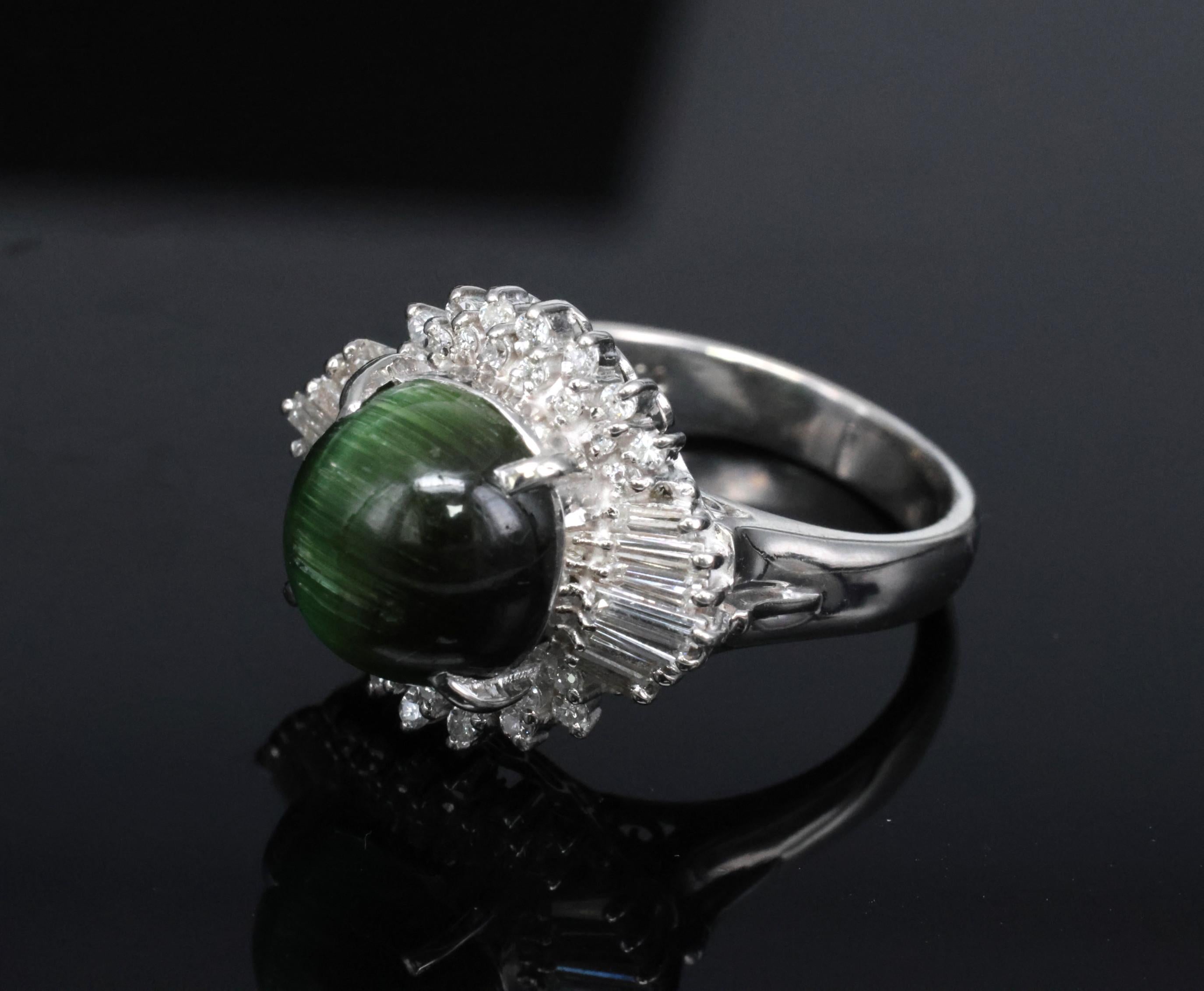 Vintage 4.02ct Cats Eye Green Tourmaline & 0.50ct Diamond Platinum Ring Size 5.5
