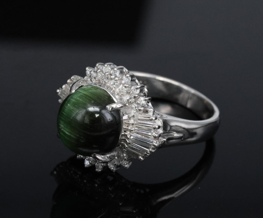 Vintage 4.02ct Cats Eye Green Tourmaline & 0.50ct Diamond Platinum Ring Size 5.5