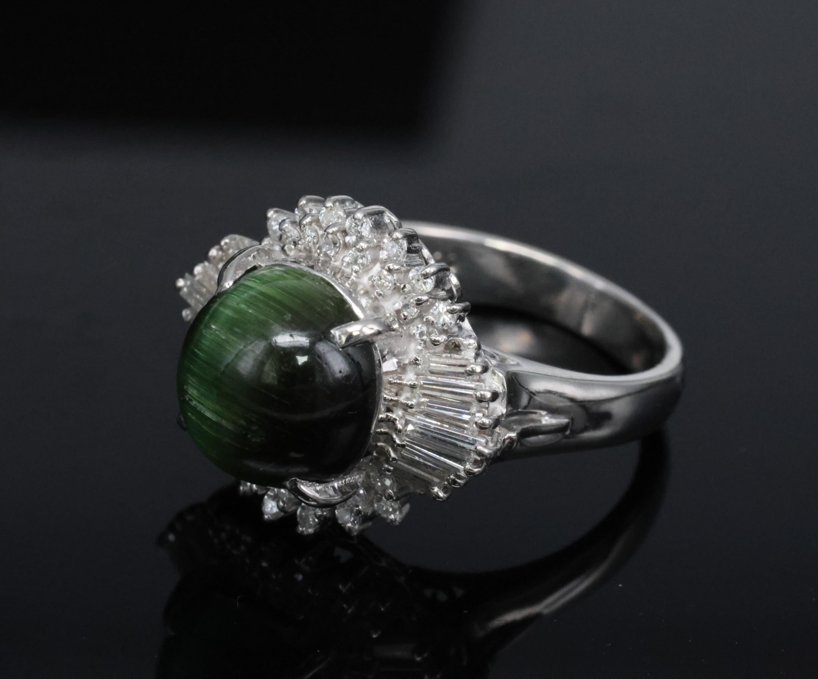 Vintage 4.02ct Cats Eye Green Tourmaline & 0.50ct Diamond Platinum Ring Size 5.5