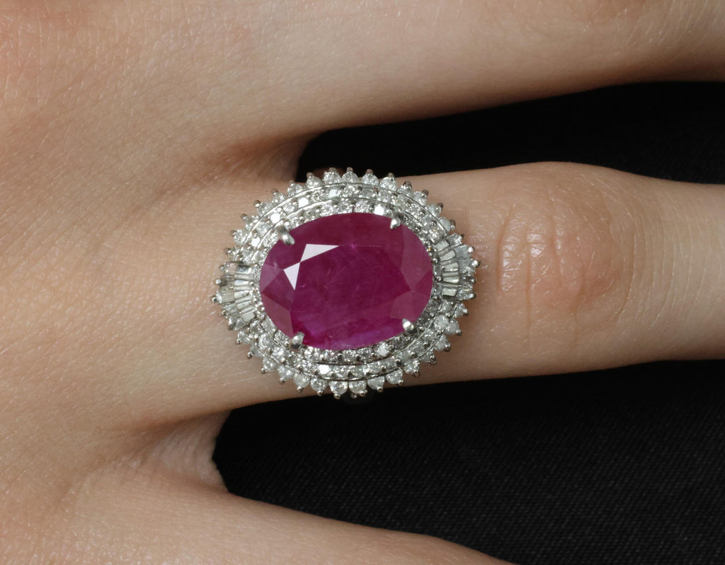 Vintage 6.31ct Natural Ruby & 1.0ct Diamond Platinum Halo Ring, Size 7.25