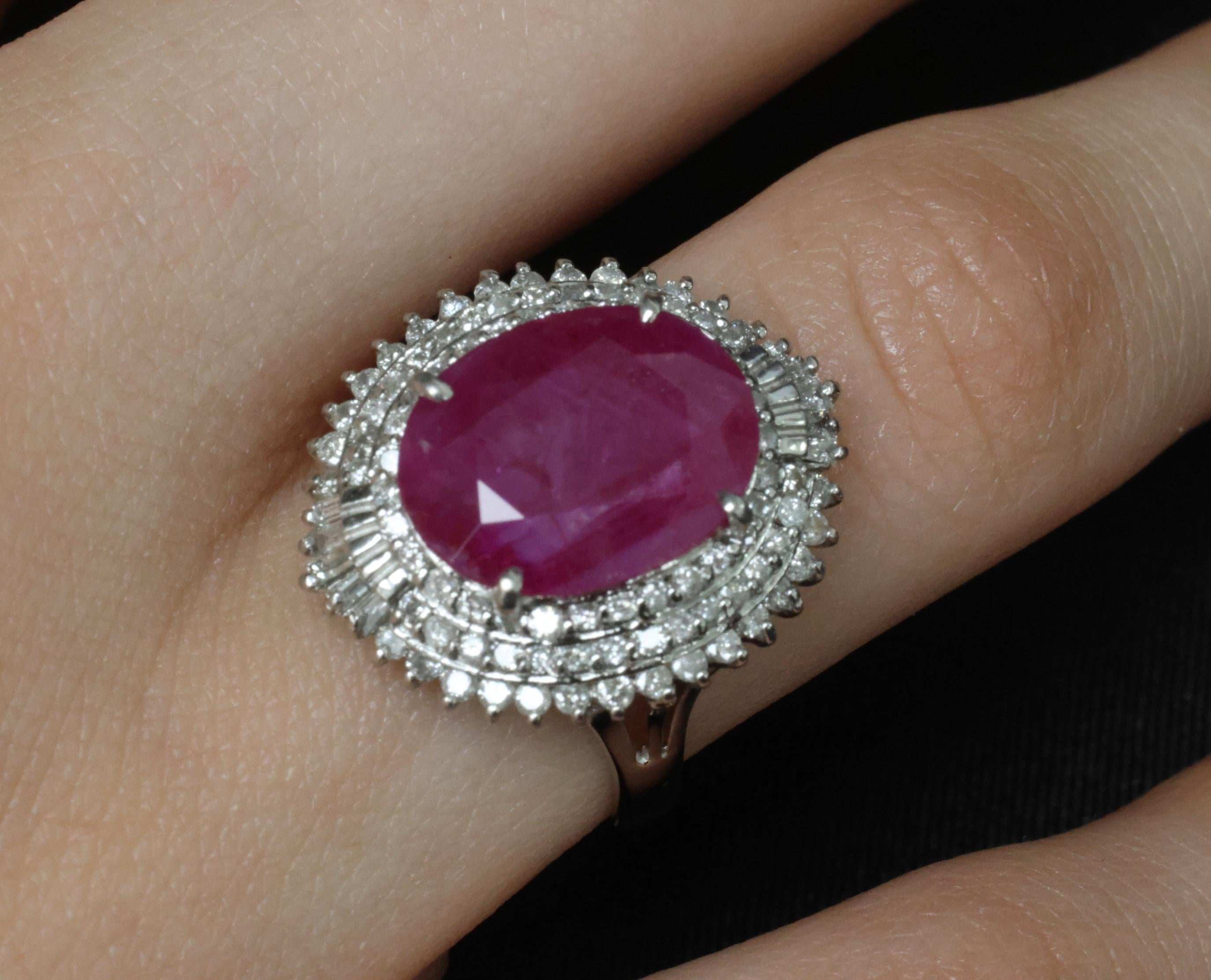 Vintage 6.31ct Natural Ruby & 1.0ct Diamond Platinum Halo Ring, Size 7.25