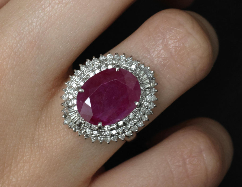 Vintage 6.31ct Natural Ruby & 1.0ct Diamond Platinum Halo Ring, Size 7.25