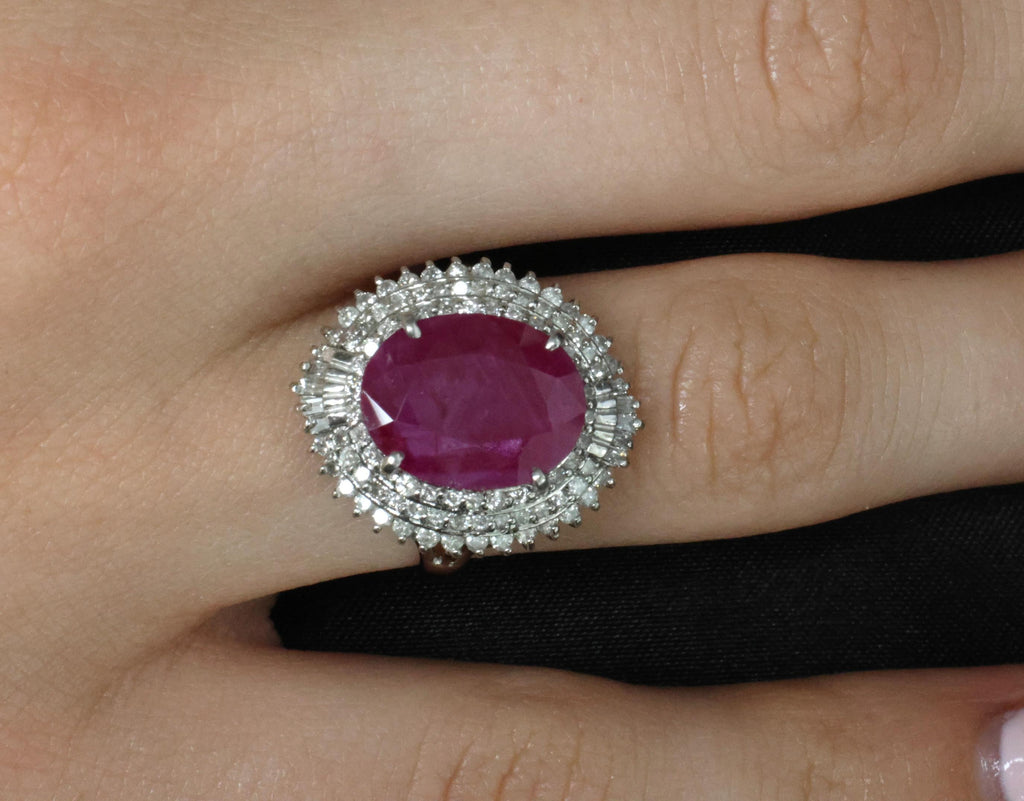 Vintage 6.31ct Natural Ruby & 1.0ct Diamond Platinum Halo Ring, Size 7.25