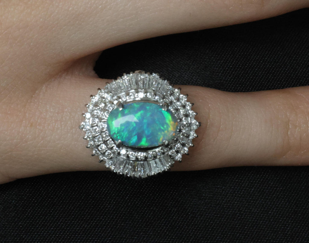 Rare 2.08ct Natural Black Opal & 2.28ct Diamond Platinum Ring, Size 5