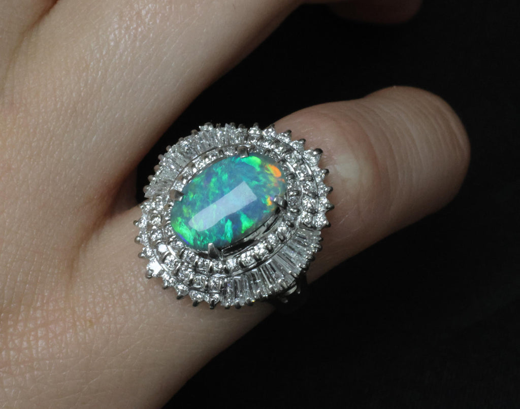 Rare 2.08ct Natural Black Opal & 2.28ct Diamond Platinum Ring, Size 5