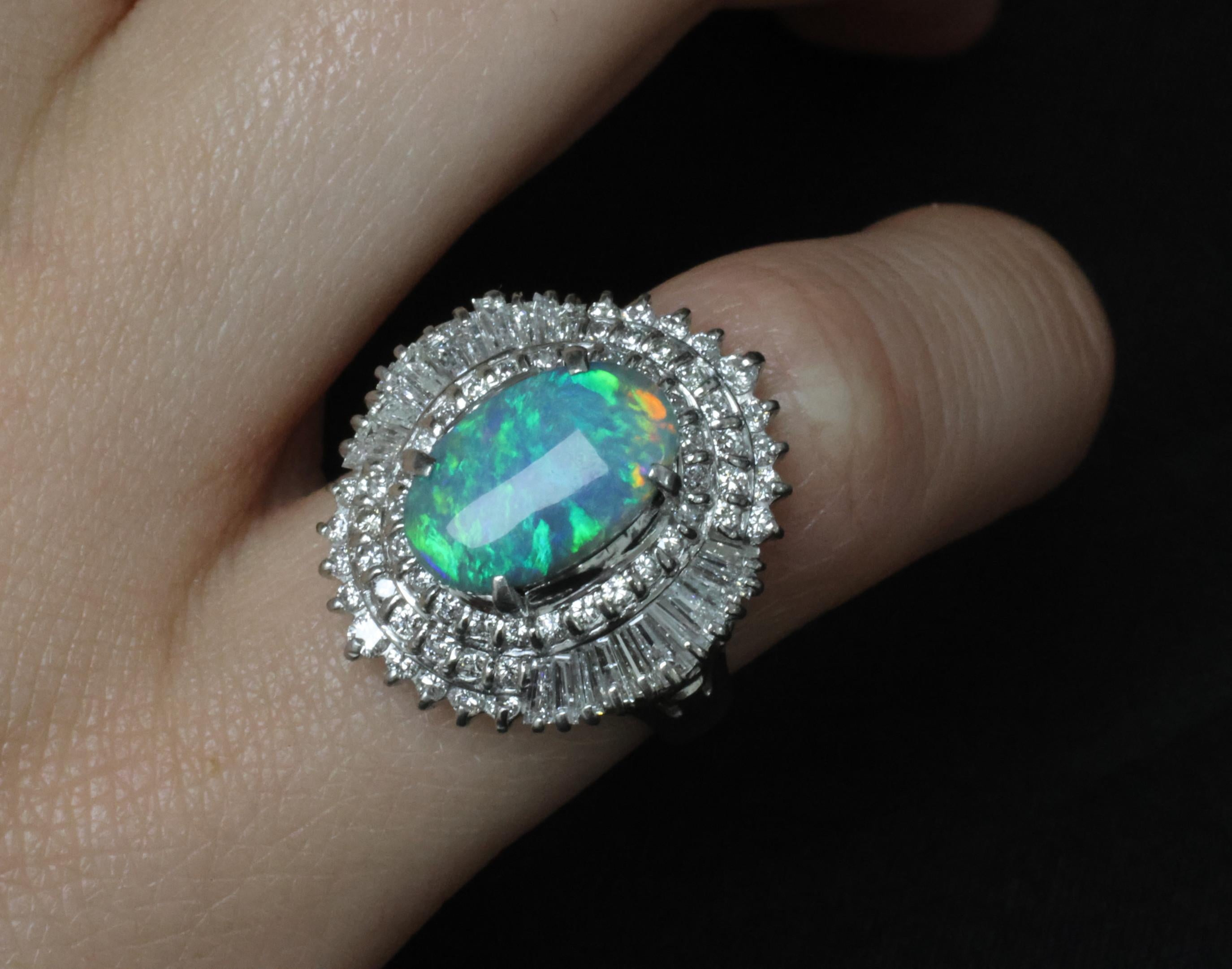 Rare 2.08ct Natural Black Opal & 2.28ct Diamond Platinum Ring, Size 5