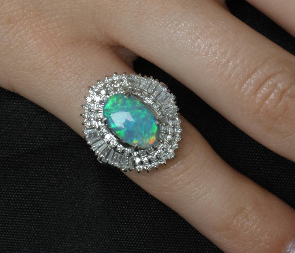 Rare 2.08ct Natural Black Opal & 2.28ct Diamond Platinum Ring, Size 5