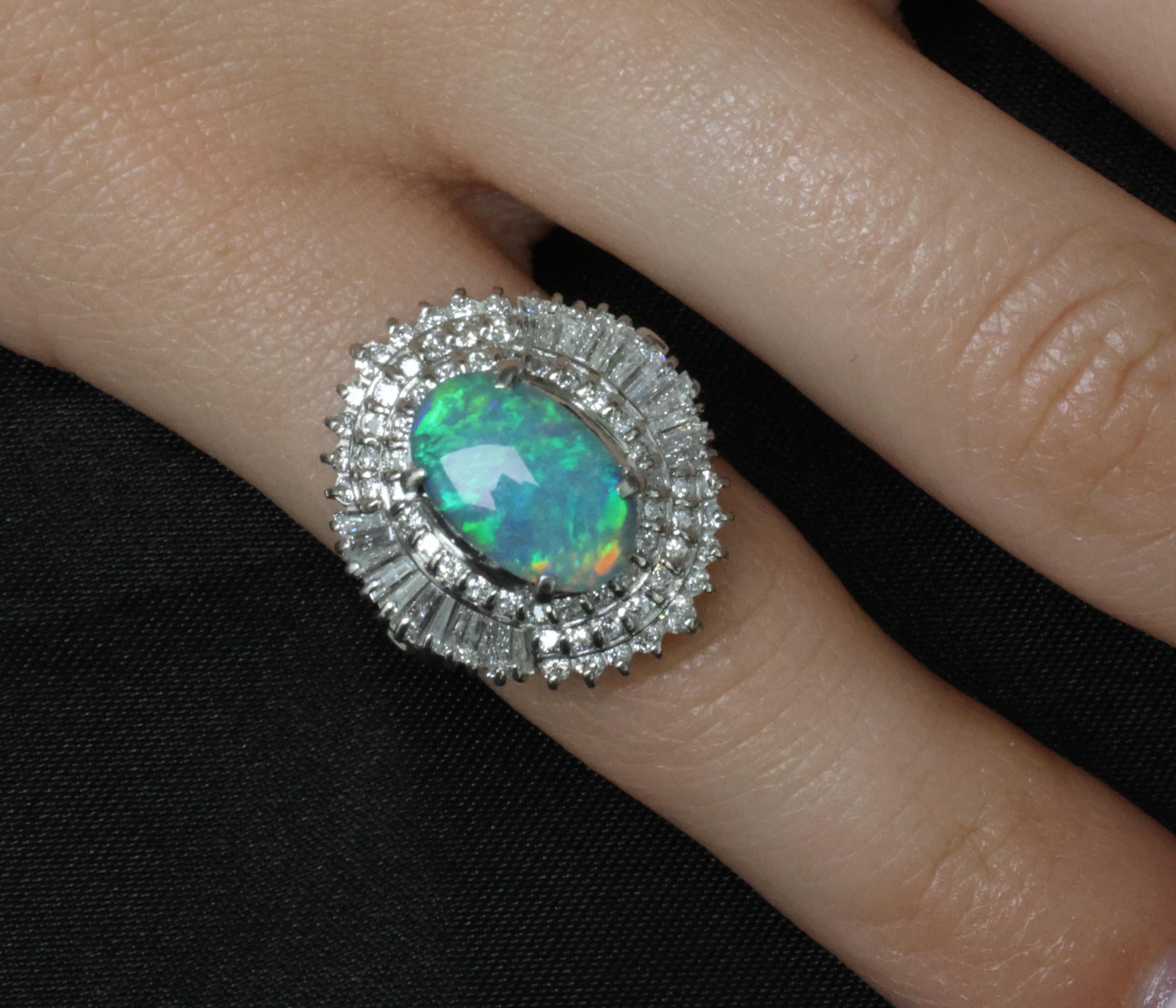 Rare 2.08ct Natural Black Opal & 2.28ct Diamond Platinum Ring, Size 5