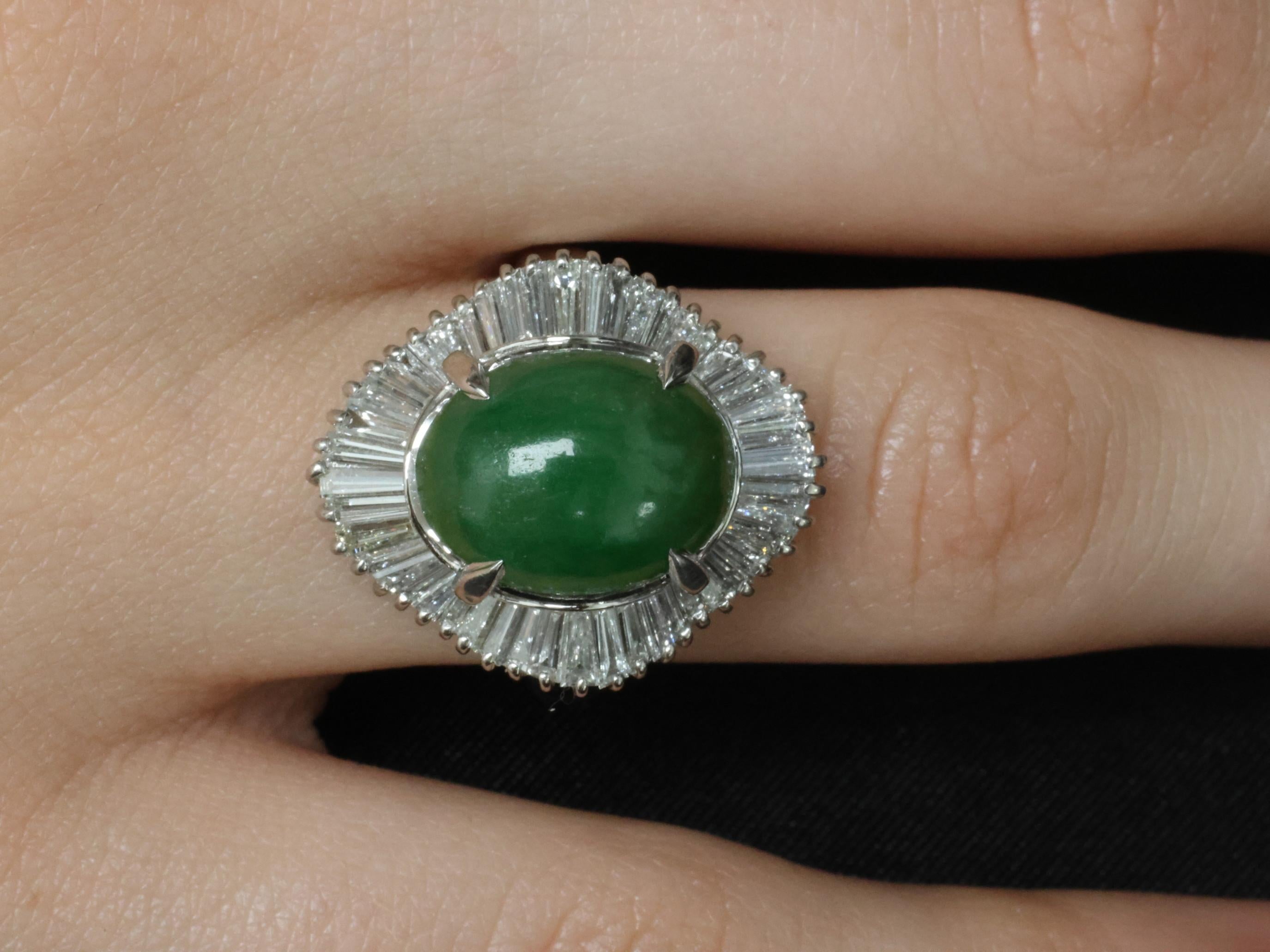 Vintage 6.92ct Natural Jadeite Jade & 1.57ct Diamond Platinum Ring, Size 7.75
