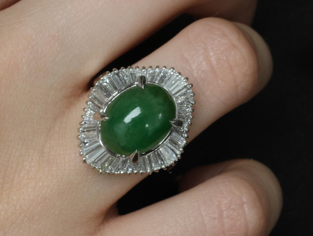 Vintage 6.92ct Natural Jadeite Jade & 1.57ct Diamond Platinum Ring, Size 7.75
