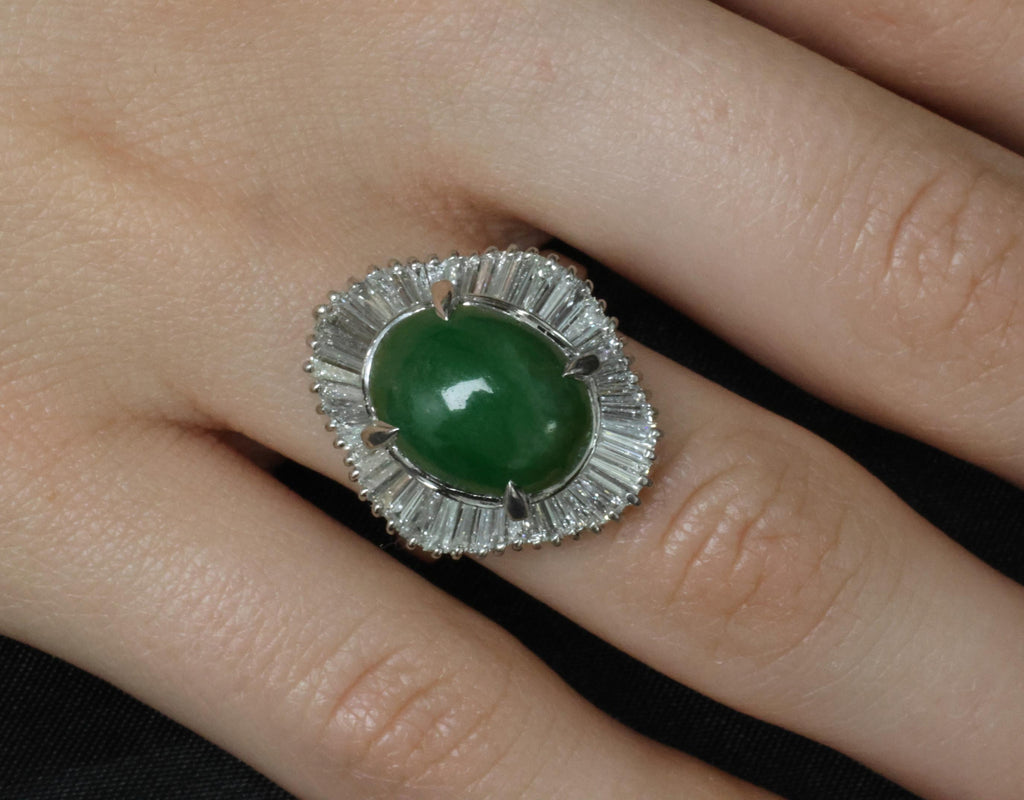 Vintage 6.92ct Natural Jadeite Jade & 1.57ct Diamond Platinum Ring, Size 7.75
