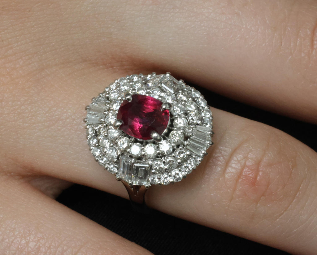 Fine 1.51ct GIA Intense Red Ruby & 1.84ct Diamond Platinum Ring, Size 6.5