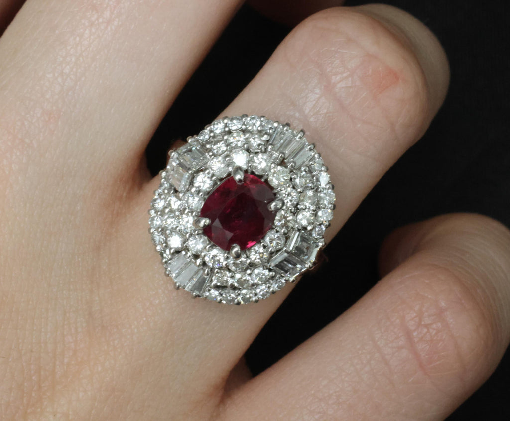 Fine 1.51ct GIA Intense Red Ruby & 1.84ct Diamond Platinum Ring, Size 6.5