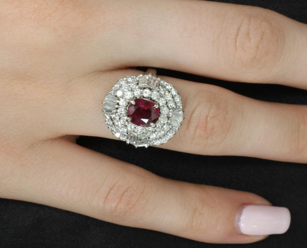 Fine 1.51ct GIA Intense Red Ruby & 1.84ct Diamond Platinum Ring, Size 6.5