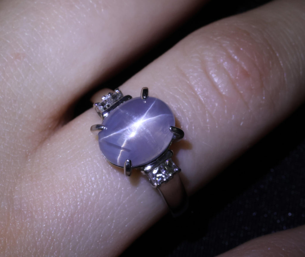 Fine 6.05ct Natural Star Sapphire& 0.15ct Diamond Platinum Ring, Size 6.75