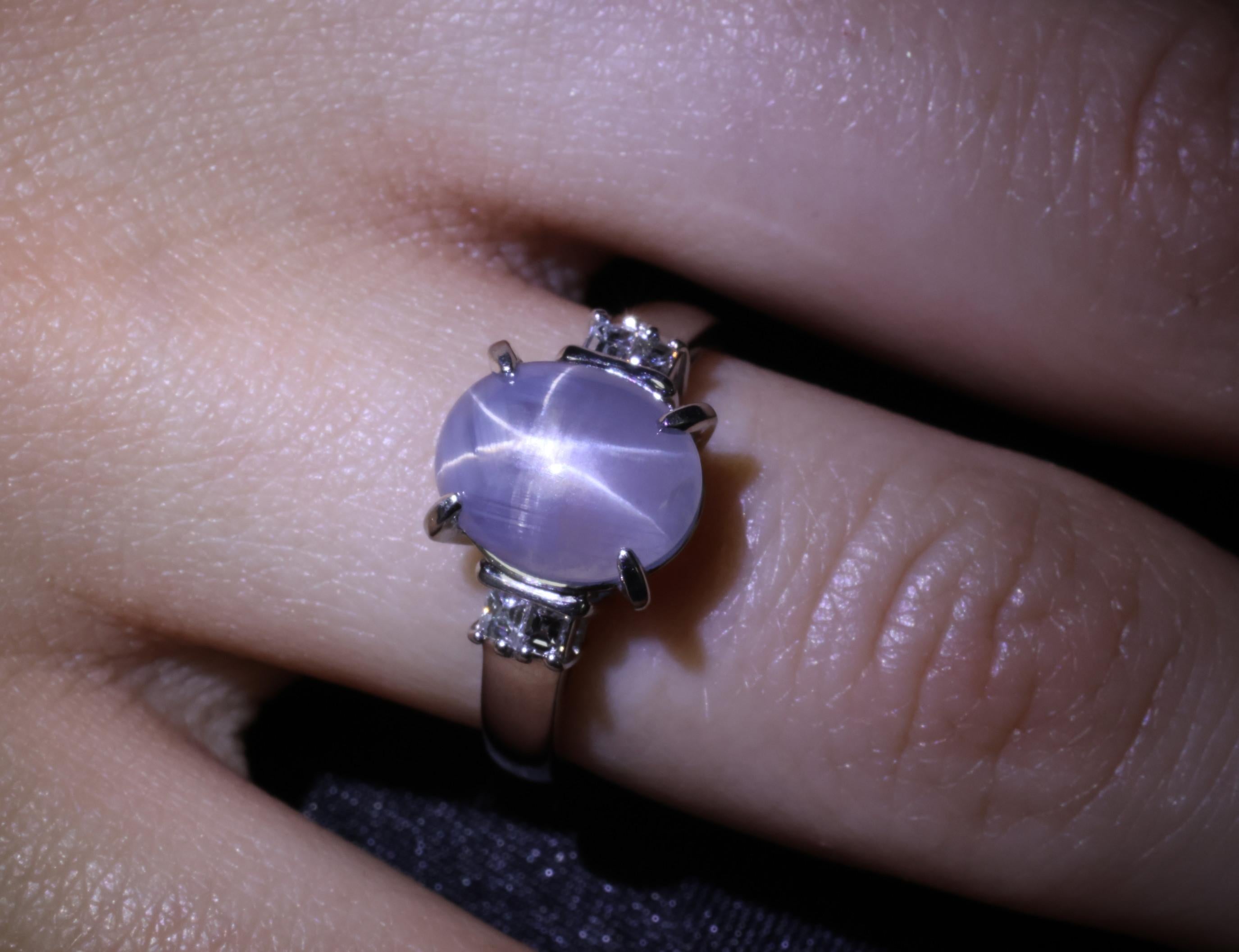 Fine 6.05ct Natural Star Sapphire& 0.15ct Diamond Platinum Ring, Size 6.75