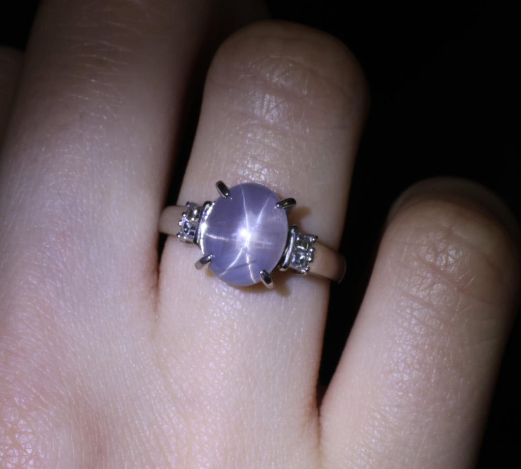 Fine 6.05ct Natural Star Sapphire& 0.15ct Diamond Platinum Ring, Size 6.75