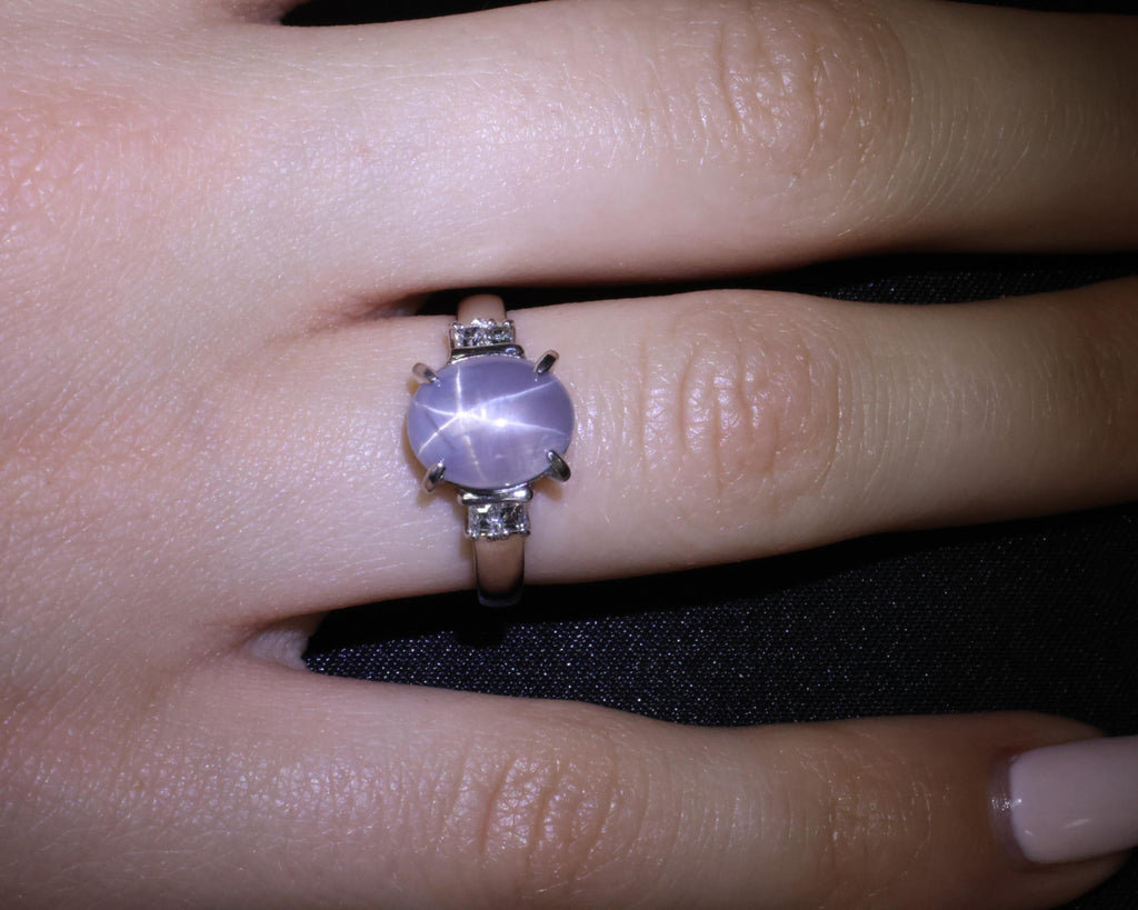 Fine 6.05ct Natural Star Sapphire& 0.15ct Diamond Platinum Ring, Size 6.75