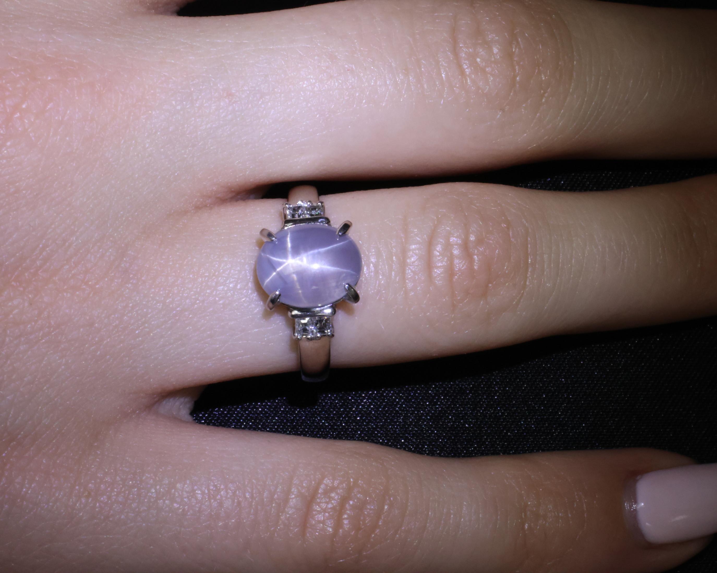 Fine 6.05ct Natural Star Sapphire& 0.15ct Diamond Platinum Ring, Size 6.75