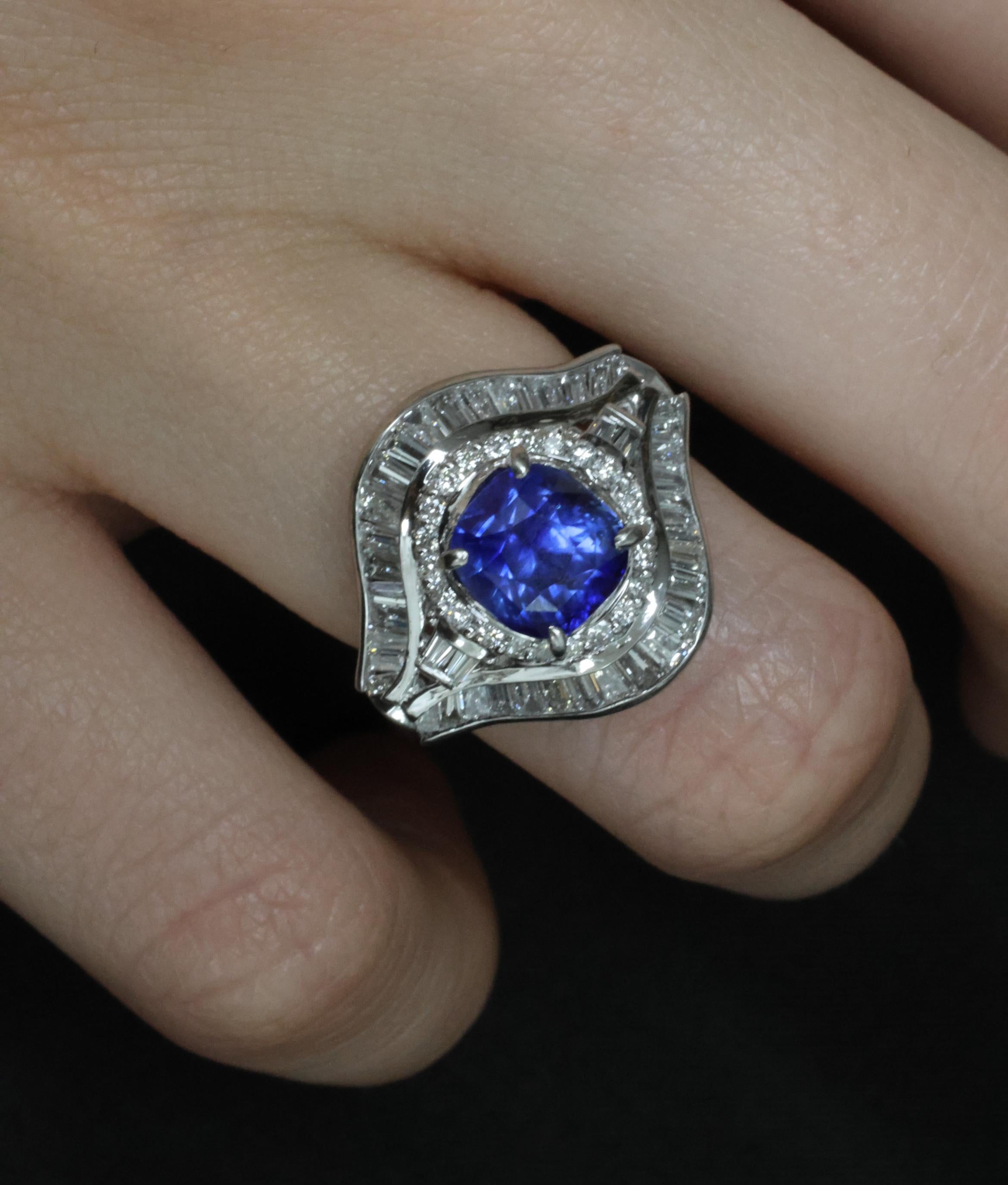 Vintage 3.0ct GIA Ceylon Blue Sapphire & 1.10ct Diamond Platinum Ring, Size 6