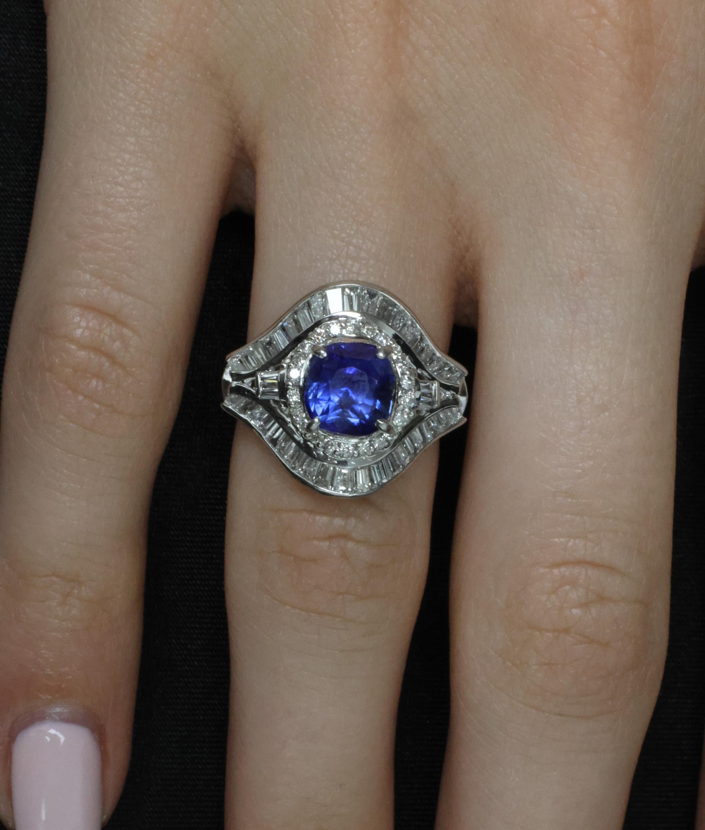 Vintage 3.0ct GIA Ceylon Blue Sapphire & 1.10ct Diamond Platinum Ring, Size 6