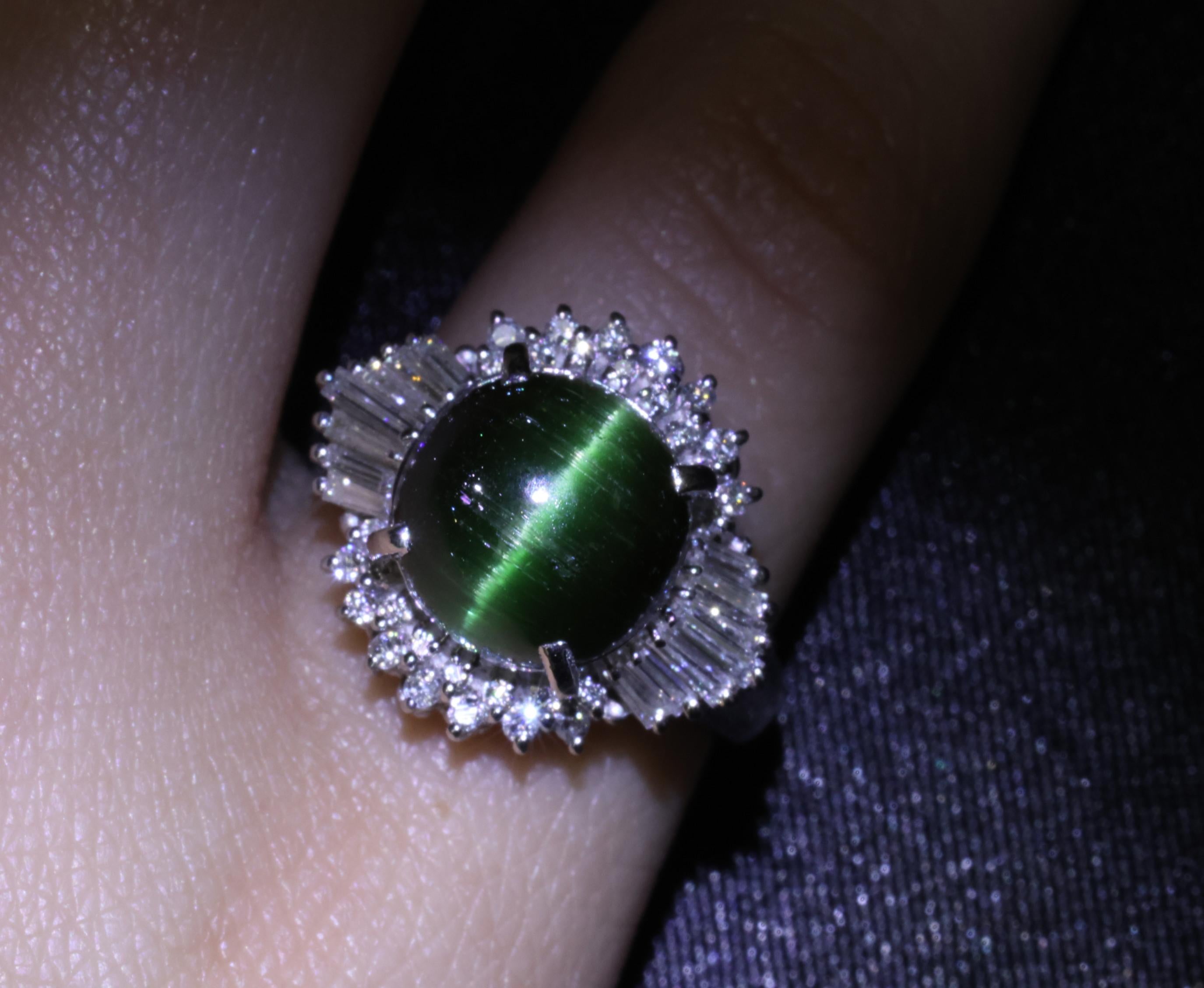 Vintage 4.02ct Cats Eye Green Tourmaline & 0.50ct Diamond Platinum Ring Size 5.5