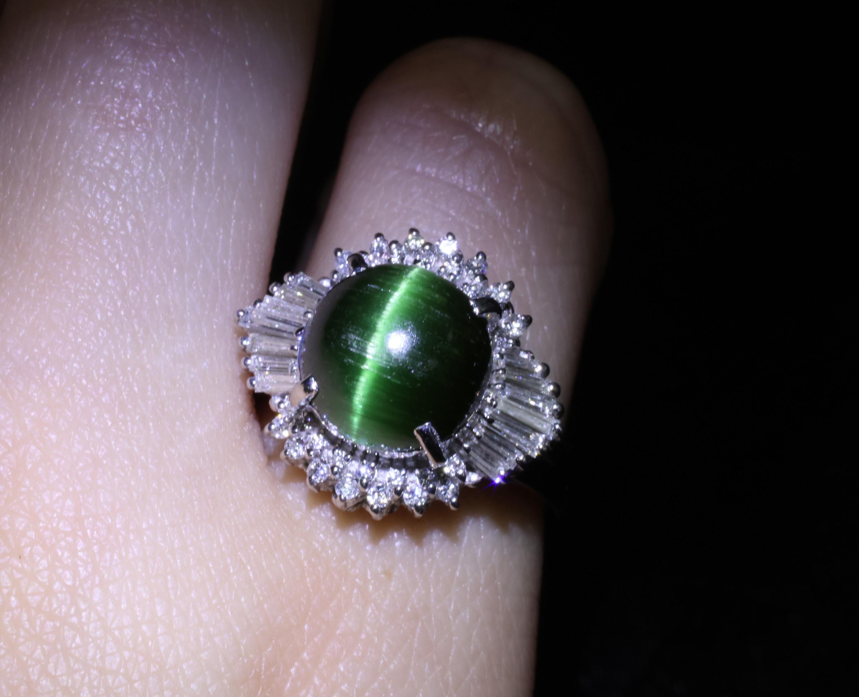 Vintage 4.02ct Cats Eye Green Tourmaline & 0.50ct Diamond Platinum Ring Size 5.5