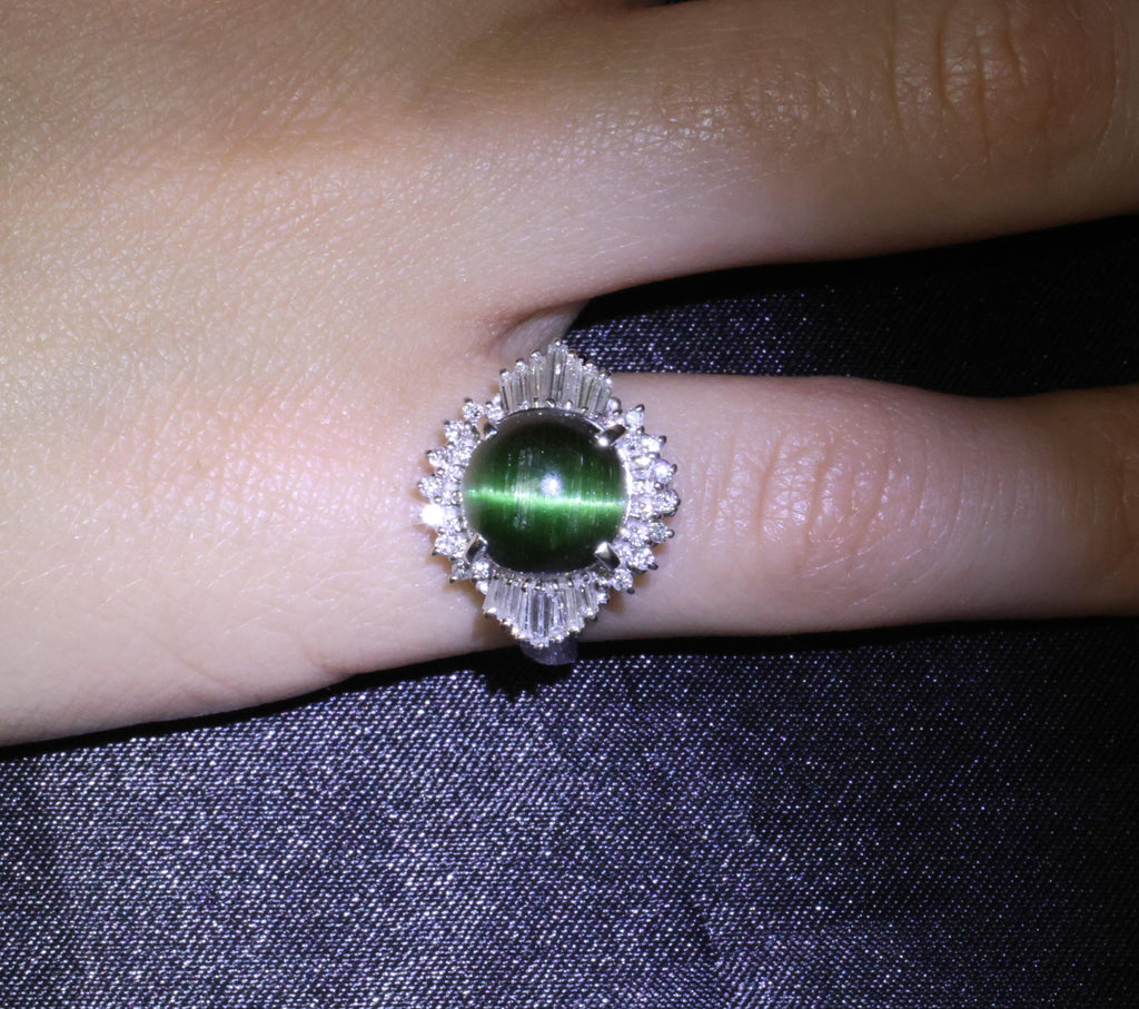Vintage 4.02ct Cats Eye Green Tourmaline & 0.50ct Diamond Platinum Ring Size 5.5