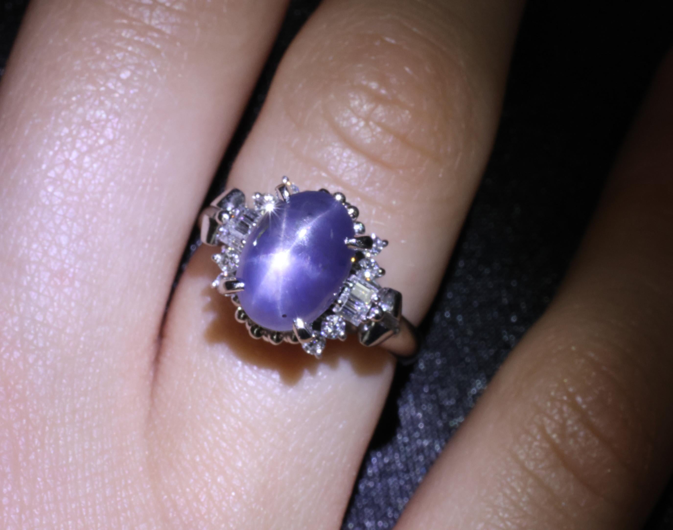 4.54ct Natural Purple Blue Star Sapphire 0.31ct Diamond Platinum Ring, Size 6.25