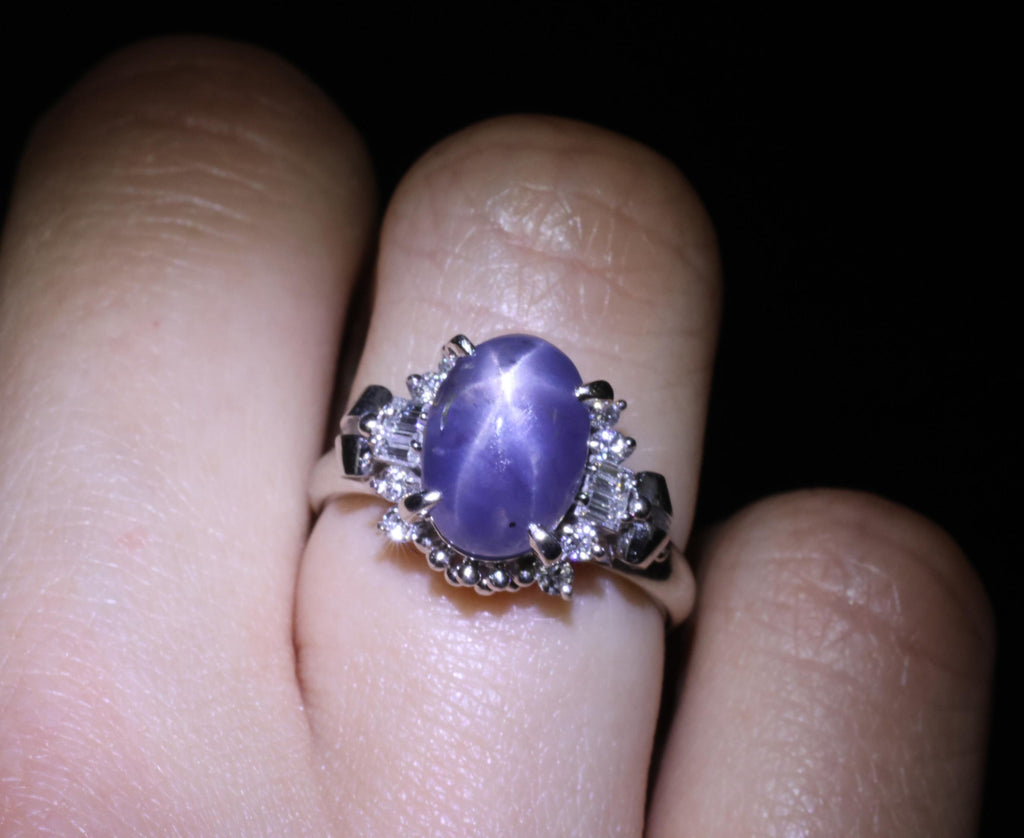 4.54ct Natural Purple Blue Star Sapphire 0.31ct Diamond Platinum Ring, Size 6.25