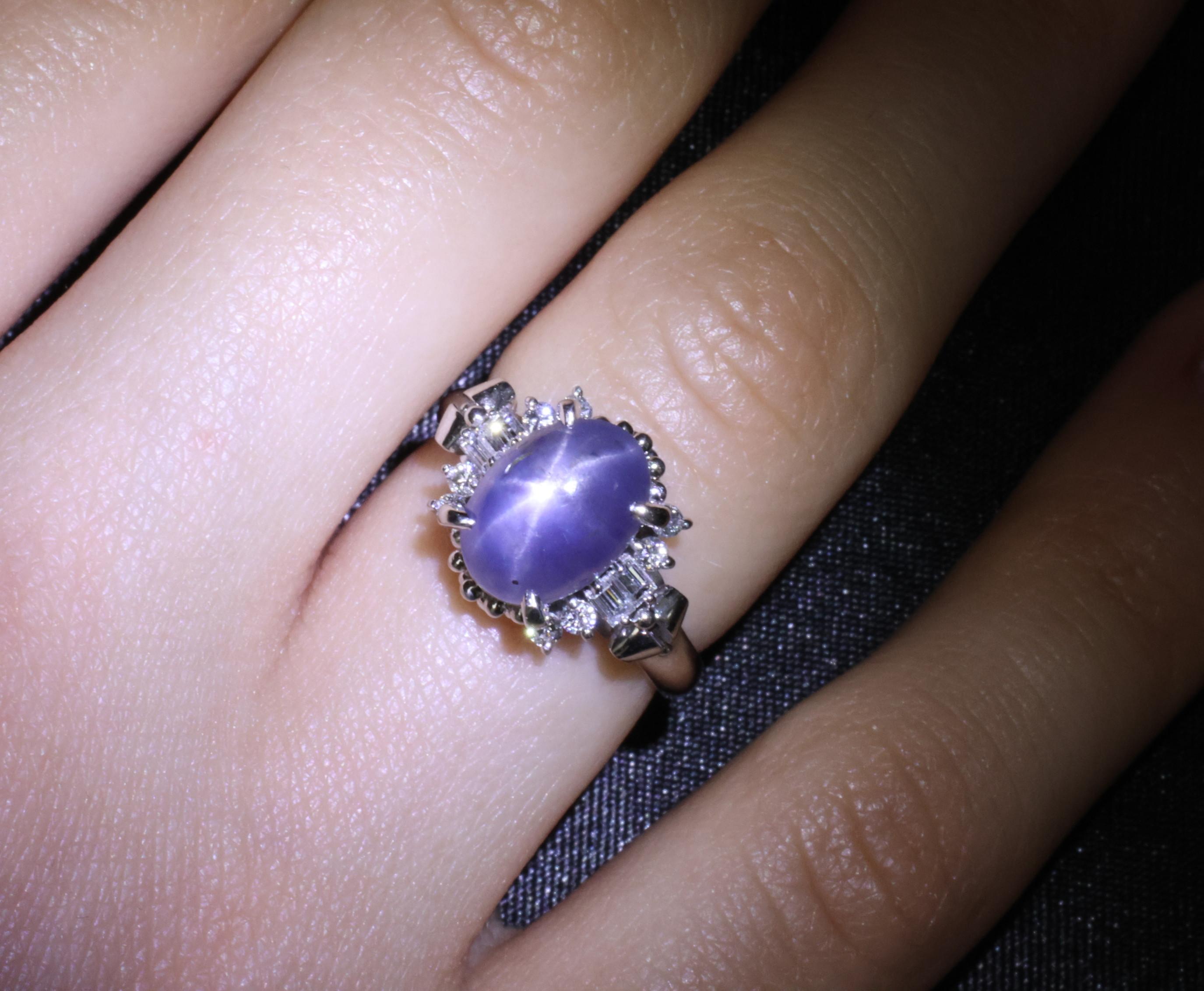 4.54ct Natural Purple Blue Star Sapphire 0.31ct Diamond Platinum Ring, Size 6.25